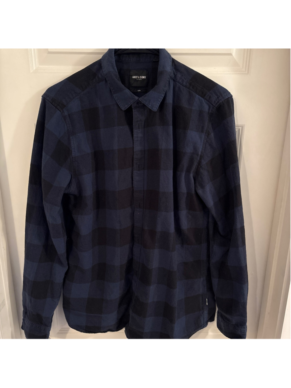 Vintage Men's Only & Sons Navy & Black Plaid Slim Fit Button Down Shirt Size L